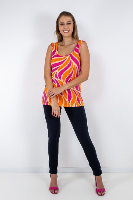 Regata Feminina em Malha Viscolycra Estampa Abstrata Rosa e Laranja