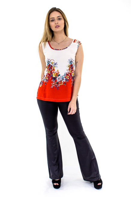 Regata Viscose Viés Estampa Floral Vermelha e Branca