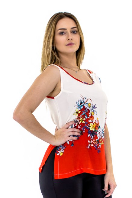 Regata Viscose Viés Estampa Floral Vermelha e Branca