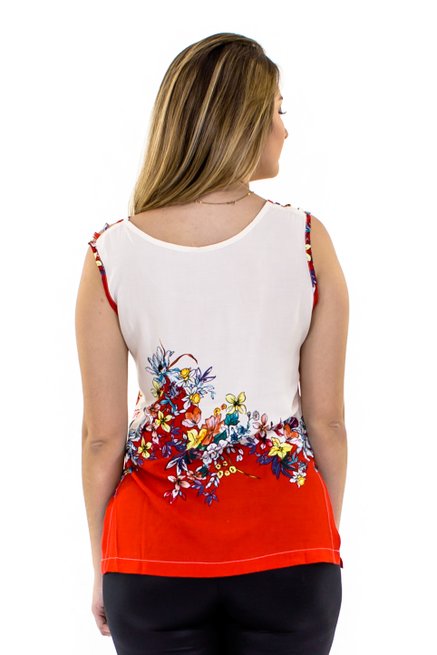 Regata Viscose Viés Estampa Floral Vermelha e Branca