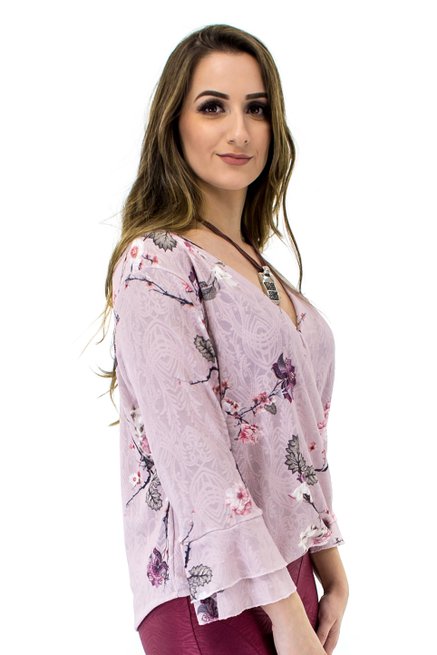 Tuniquete Manga 7/8 Estampa Floral Rose
