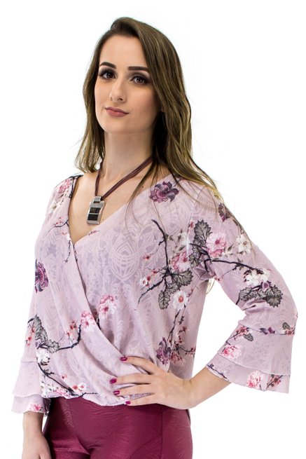 Tuniquete Manga 7/8 Estampa Floral Rose