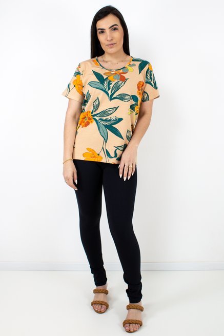 Tuniquete Manga Curta Viscolycra Estampa Floral Laranja