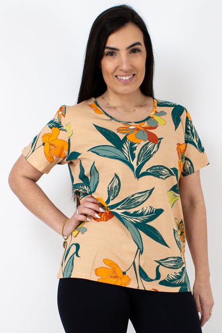 Tuniquete Manga Curta Viscolycra Estampa Floral Laranja