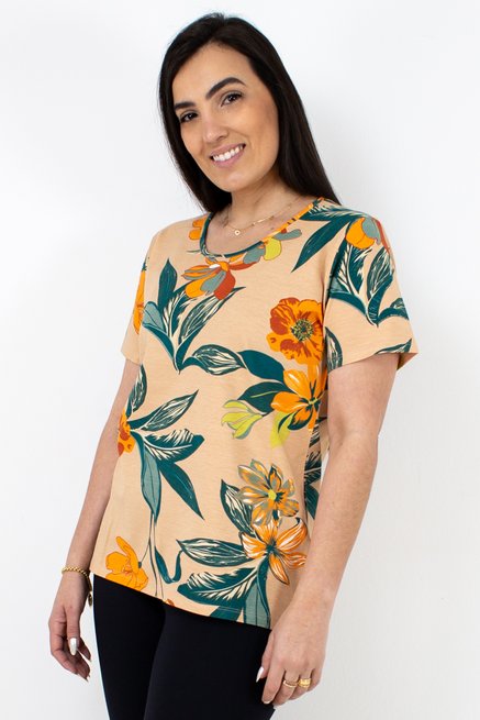 Tuniquete Manga Curta Viscolycra Estampa Floral Laranja