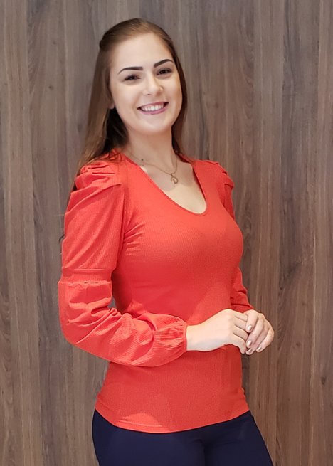 Tuniquete Manga Longa Bufante Canelada Lisa Laranja