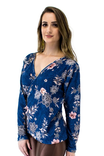 Tuniquete Manga Longa Estampa Floral Azul