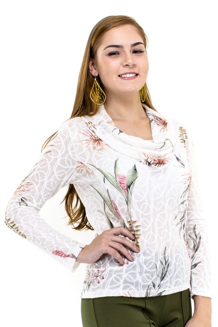 Tuniquete Manga Longa Estampa Floral Branca