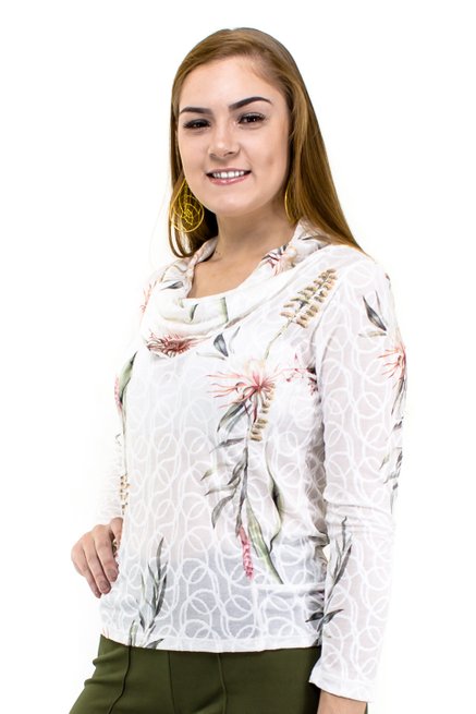 Tuniquete Manga Longa Estampa Floral Branca
