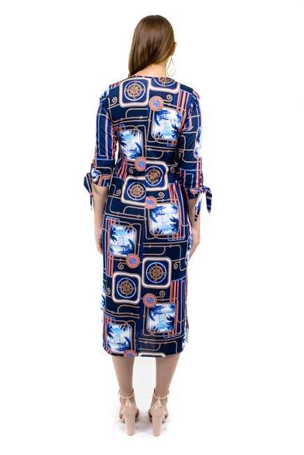 Vestido Channel Manga 3/4 Estampa Abstrata Azul Ma