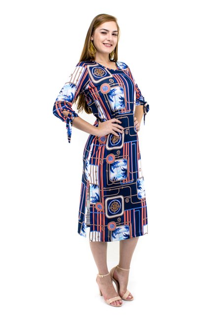 Vestido Channel Manga 3/4 Estampa Abstrata Azul Ma