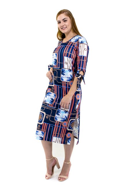 Vestido Channel Manga 3/4 Estampa Abstrata Azul Ma