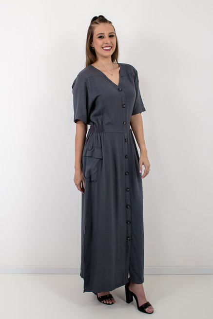 Vestido Chemise Feminino Longo Liso Cinza