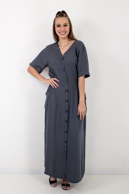 Vestido Chemise Feminino Longo Liso Cinza