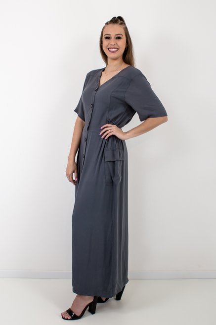 Vestido Chemise Feminino Longo Liso Cinza