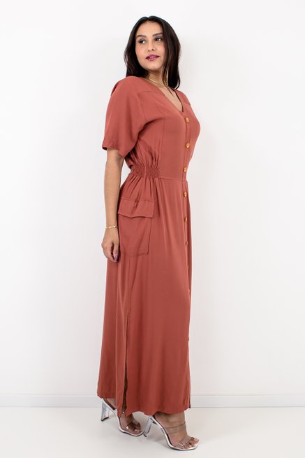 Vestido Chemise Feminino Longo Liso Terracota