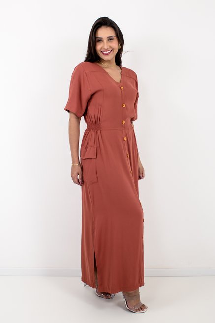 Vestido Chemise Feminino Longo Liso Terracota