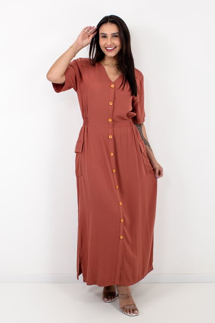 Vestido Chemise Feminino Longo Liso Terracota