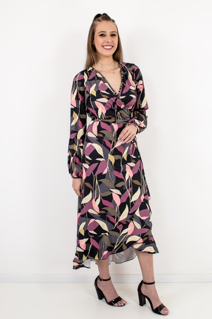 Vestido Feminino Envelope Estampa Folhas