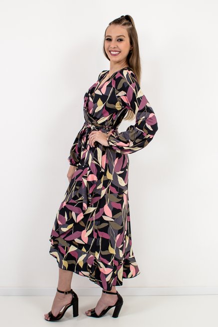 Vestido Feminino Envelope Estampa Folhas