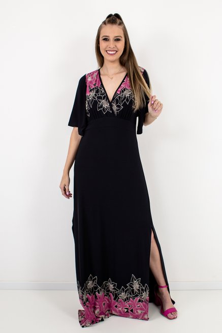 Vestido Feminino Kaftan Barrado Liso Preto Estampa Floral