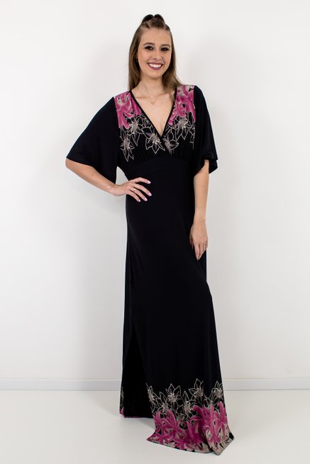 Vestido Feminino Kaftan Barrado Liso Preto Estampa Floral