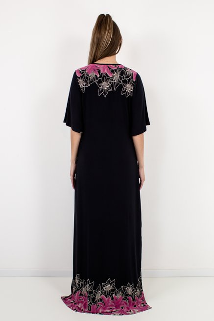 Vestido Feminino Kaftan Barrado Liso Preto Estampa Floral