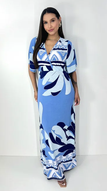 Vestido Feminino Kaftan Estampado em Tons de Azul