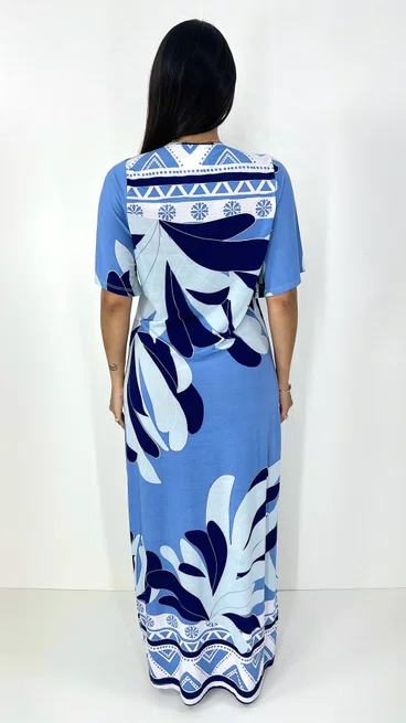 Vestido Feminino Kaftan Estampado em Tons de Azul