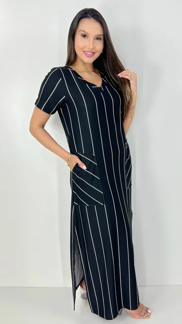 Vestido Feminino Longo Camisetão Manga Curta Listrado Preto e Branco