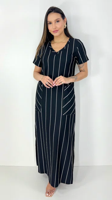 Vestido Feminino Longo Camisetão Manga Curta Listrado Preto e Branco