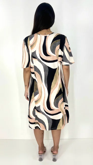 Vestido Feminino Manga Curta Estampado Abstrato