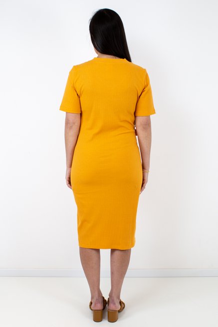 Vestido Feminino Midi Canelado Nó Liso Mostarda