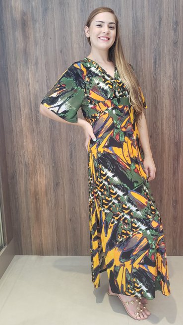 Vestido Longo Cafta Manga Curta Jersey Estampa Abstrata