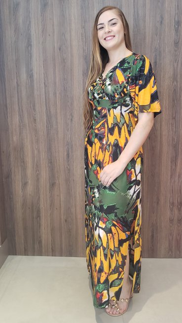 Vestido Longo Cafta Manga Curta Jersey Estampa Abstrata