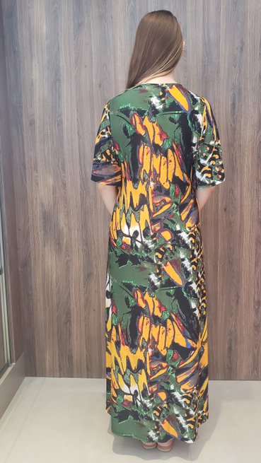 Vestido Longo Cafta Manga Curta Jersey Estampa Abstrata