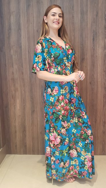 Vestido Longo Cafta Manga Curta Jersey Estampa Floral Azul