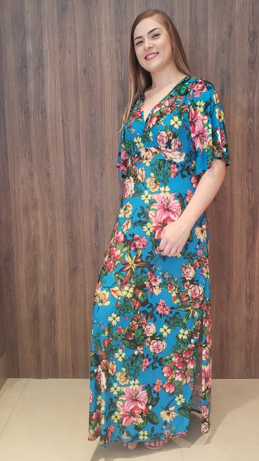 Vestido Longo Cafta Manga Curta Jersey Estampa Floral Azul
