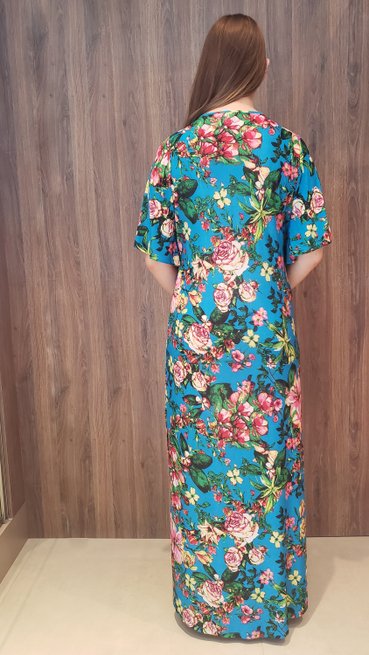 Vestido Longo Cafta Manga Curta Jersey Estampa Floral Azul