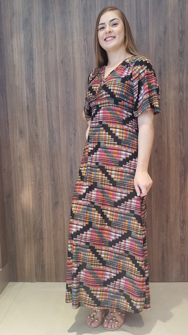 Vestido Longo Cafta Manga Curta Jersey Estampa Geométrica
