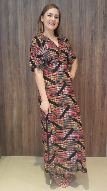 Vestido Longo Cafta Manga Curta Jersey Estampa Geométrica