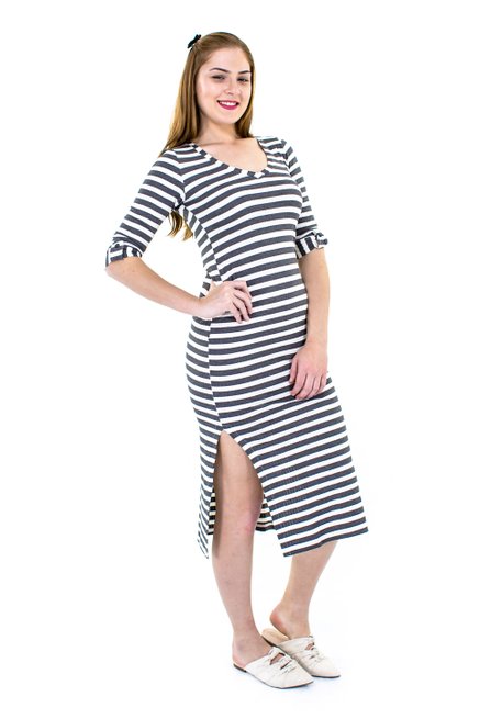 Vestido Longuete Canelado Estampa Listras Cinza e Branco