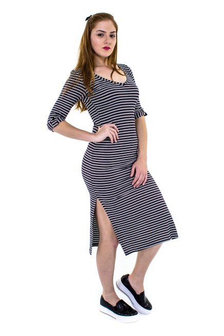 Vestido Longuete Canelado Estampa Listras Preto e Branco