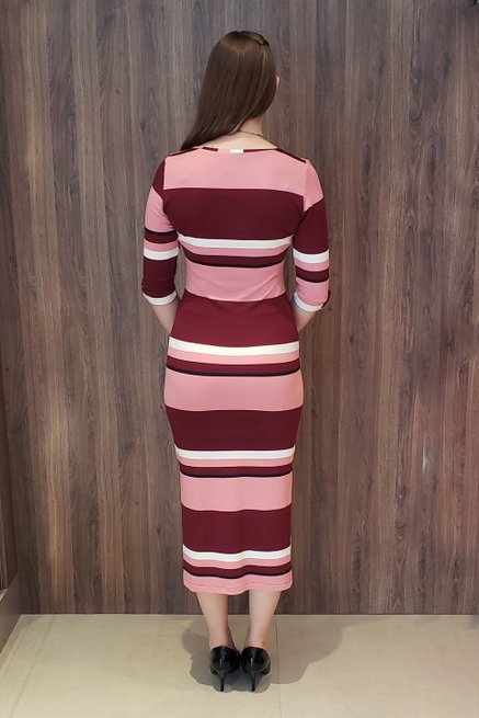 Vestido Longuete Viscocrepe Estampa Listras Vermelho e Rosa