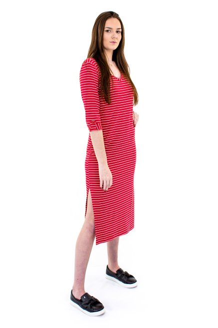 Vestido Longuete Viscolycra Estampa Listras Vermelho e Branco