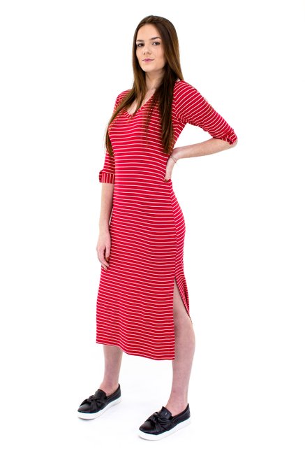 Vestido Longuete Viscolycra Estampa Listras Vermelho e Branco