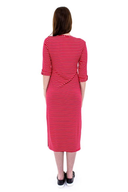 Vestido Longuete Viscolycra Estampa Listras Vermelho e Branco