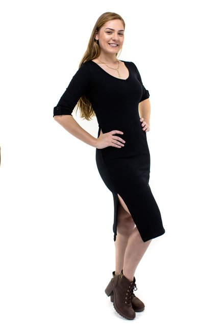 Vestido Longuete Viscolycra Manga 3/4 Liso Preto