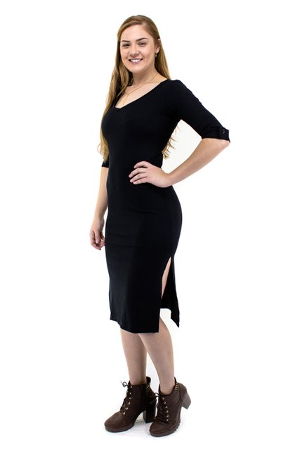 Vestido Longuete Viscolycra Manga 3/4 Liso Preto