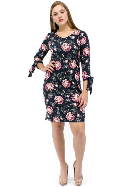 Vestido Manga 7/8 Fabiola Estampa Floral Azul Marinho